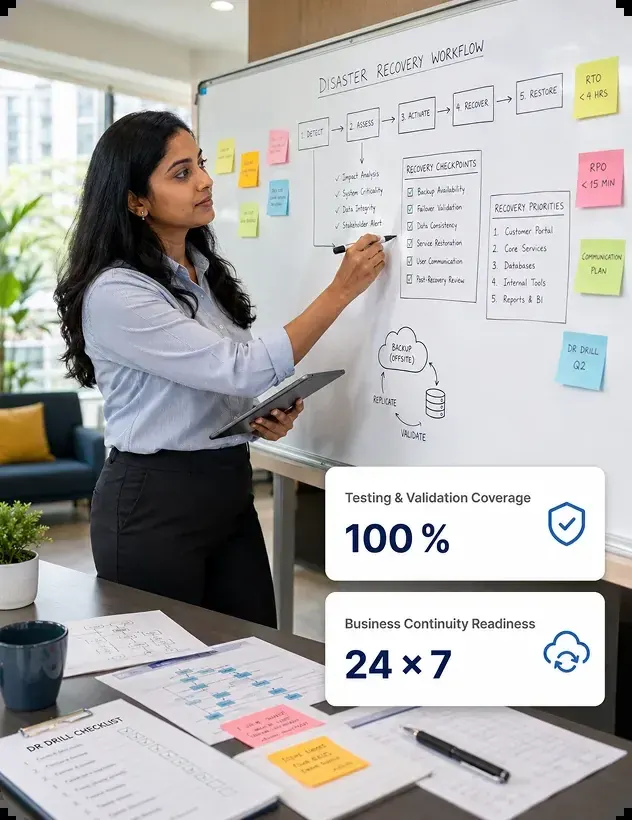 Disaster recovery specialist planning a DR workflow on a whiteboard with 100% testing coverage and 24x7 continuity readiness