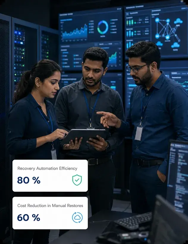 Cloud operations team reviewing recovery automation metrics in a data center, showing 80% efficiency and 60% cost reduction